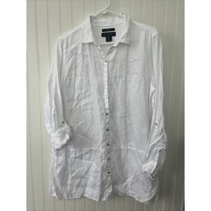 Tahari 100% Linen White Button Down Shirt Tunic  roll tab Large  Cover Up